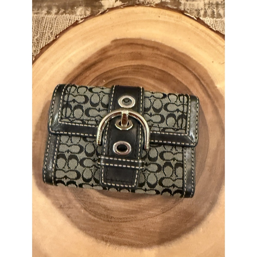 Vintage Coach Soho Signature Black Grey Buckle Mini Logo Small Trifold Wallet
